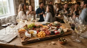A grazing table paired with glass wine glasses for large gatherings and parties at an evening social event.