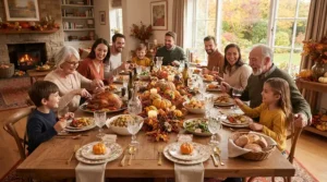 Holiday dining table featuring glass wine glasses for large gatherings and parties beside festive autumn decorations.