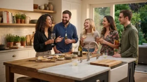 Friends gathered around a kitchen island using glass wine glasses for large gatherings and parties during a weekend social.