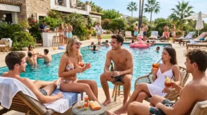 Guests enjoying poolside refreshments poured into glass wine glasses for large gatherings and parties on a sunny afternoon.