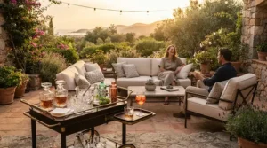 A sunset patio gathering equipped with glass wine glasses for large gatherings and parties on an outdoor bar cart.