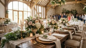 Wedding reception setup showcasing glass wine glasses for large gatherings and parties on a decorated guest table.