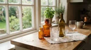 Handmade recycled glass wine glasses displayed neatly in a modern kitchen setting.