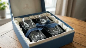 A gorgeous hexagon faceted wine glasses set packaged neatly inside a premium gift box.