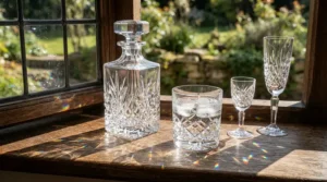 Bright sunlight creating beautiful light refraction patterns through a faceted wine glasses set.