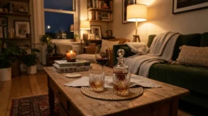 Renter-friendly minimalist all purpose wine glasses set up for a casual evening in a compact urban living room