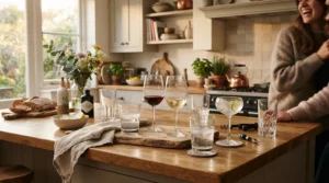 A budget-friendly set of minimalist all purpose wine glasses displayed on a kitchen island during a casual weekend