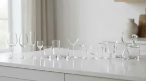 Minimalist all purpose wine glasses compared side by side with angular geometric glassware on a neutral surface