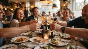 Guests toasting with minimalist all purpose wine glasses at a simple dinner party in a suburban home