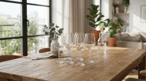 A set of minimalist all purpose wine glasses arranged neatly on a modern dining table for an apartment gathering