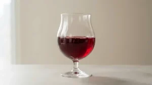 Close-up of the universal curved bowl of minimalist all purpose wine glasses holding red wine