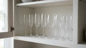 Minimalist wine glasses for small apartments stacked efficiently in a narrow kitchen cabinet shelf