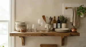 Minimalist wine glasses for small apartments featured alongside essential capsule kitchenware on a shelf