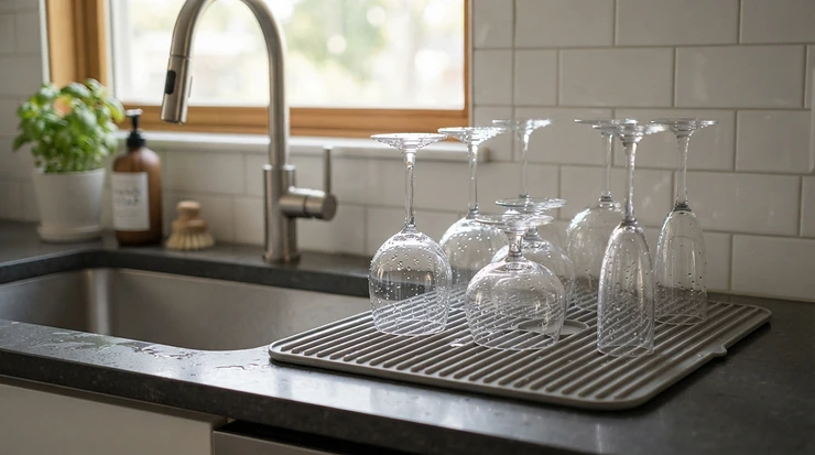 Minimalist wine glasses for small apartments drying on a sleek silicone mat by the sink