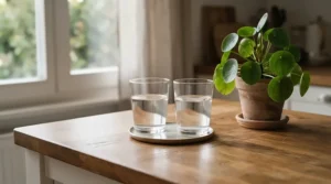 Two minimalist wine glasses for small apartments neatly arranged on a compact apartment kitchen counter