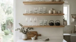 Modern recycled glass wine glasses organized neatly on an open wooden kitchen shelf.