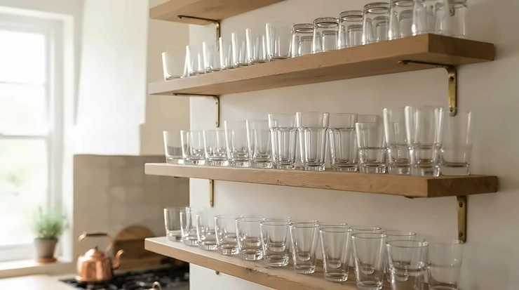 Space-saving cabinet storage featuring modern stemless wine glasses for everyday use in a compact kitchen.