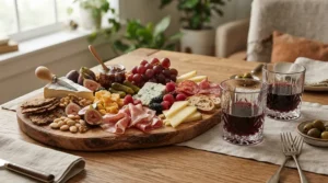 A weekend grazing platter paired with modern stemless wine glasses for everyday use.