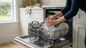 Easy cleanup and everyday glassware care shown by loading modern stemless wine glasses for everyday use into a dishwasher.