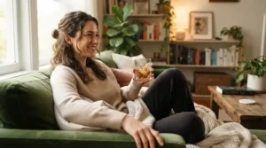 Relaxing on the living room sofa with modern stemless wine glasses for everyday use during a movie night.
