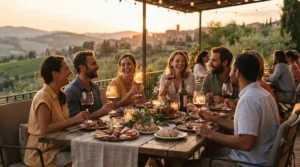 An outdoor sunset dinner party utilizing durable modern stemless wine glasses for everyday use.