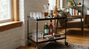 Close-up of modern wine glasses for small kitchens styled on a minimalist apartment bar cart.