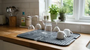 A drying mat holding modern wine glasses for small kitchens next to a compact apartment sink.