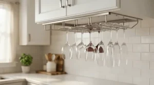 Under-cabinet rack holding modern wine glasses for small kitchens to maximize overhead space.