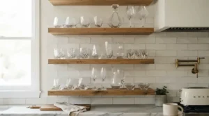Open kitchen shelving displaying modern wine glasses for small kitchens in a studio apartment.