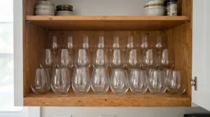 Stackable modern wine glasses for small kitchens organized efficiently inside a tight cabinet.