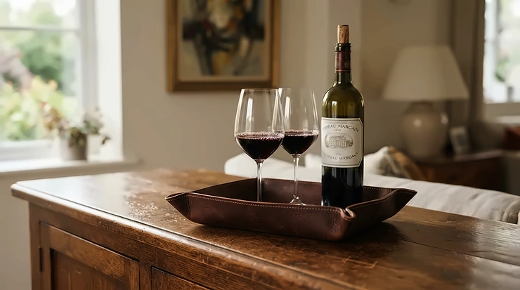 Decorative tray holding modern wine glasses for small kitchens on a living room credenza.