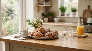 Casual weekend brunch setup using modern wine glasses for small kitchens in a compact home.