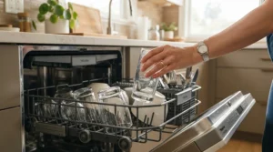 A dishwasher safe modern wine glasses set being loaded neatly into the bottom rack of a home dishwasher.
