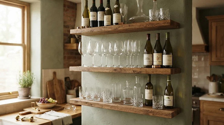 A modern wine glasses set arranged neatly on open wooden shelving inside a contemporary home bar.