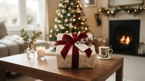 A modern wine glasses set wrapped elegantly as a housewarming gift on a living room coffee table.