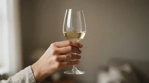 A person holding a piece from a modern wine glasses set to demonstrate optimal stemware weight.