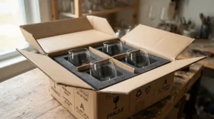 A modern wine glasses set nestled securely inside premium gift boxing options for shipping.