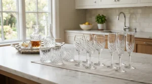 A modern wine glasses set displayed on a white countertop as part of a wedding registry setup.