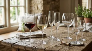 Set of eco-friendly recycled glass wine glasses displayed on a rustic wooden dining table.