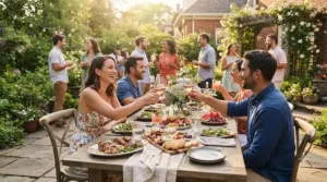 Colorful shatterproof glass wine glasses filled with red wine at a lively family backyard barbecue event.