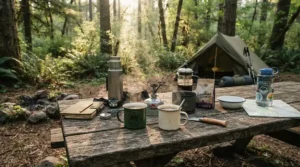 Lightweight shatterproof glass wine glasses set on a wooden camping table surrounded by tall pine trees.
