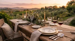 Elegant shatterproof glass wine glasses placed at each seat for a formal backyard dinner party table setting.