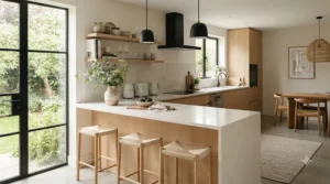 Modern shatterproof glass wine glasses displayed neatly on a clean white kitchen countertop next to a fruit bowl.