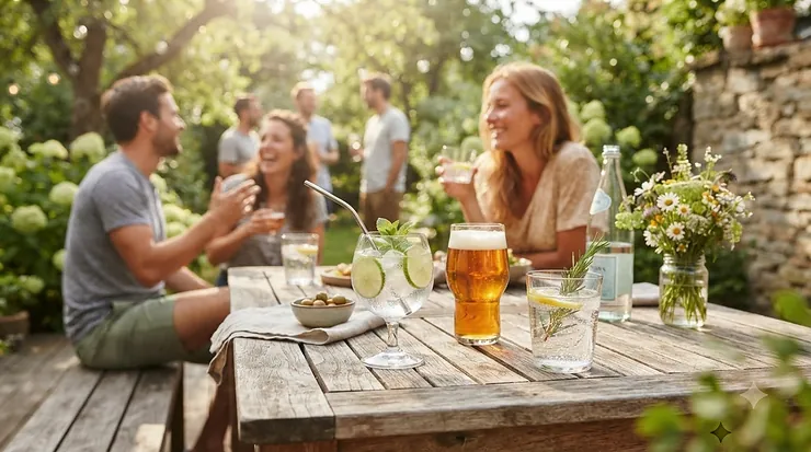 A set of clear shatterproof glass wine glasses arranged on an outdoor patio table during a sunny afternoon gathering.