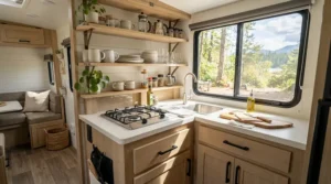 Travel-friendly shatterproof glass wine glasses stored securely on a shelf inside a modern recreational vehicle.