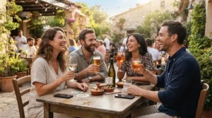 Sustainable recycled glass wine glasses filled with red wine at an outdoor patio gathering.
