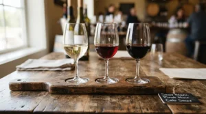 A flight of thin rim minimalist wine glasses for wine tasting lined up on a wooden tasting board.