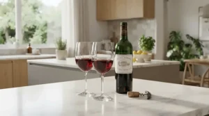 Thin rim minimalist wine glasses for wine tasting resting on a sleek marble kitchen island.