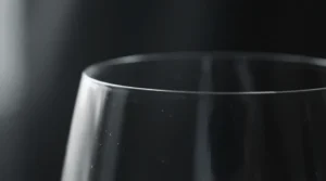 Close-up showing the delicate craftsmanship of thin rim minimalist wine glasses for wine tasting.