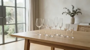 Thin rim minimalist wine glasses for wine tasting arranged neatly on a modern wooden dining table.